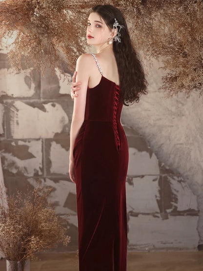 Simple Velvet Mermaid Burgundy Long Prom Dress Burgundy Long Formal Dress