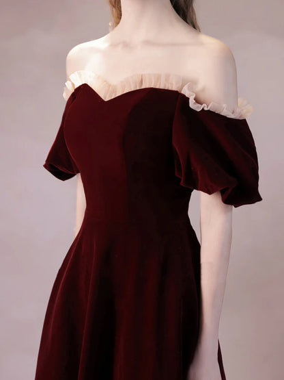 A-Line Burgundy Velvet Long Prom Dress Burgundy Formal Dress