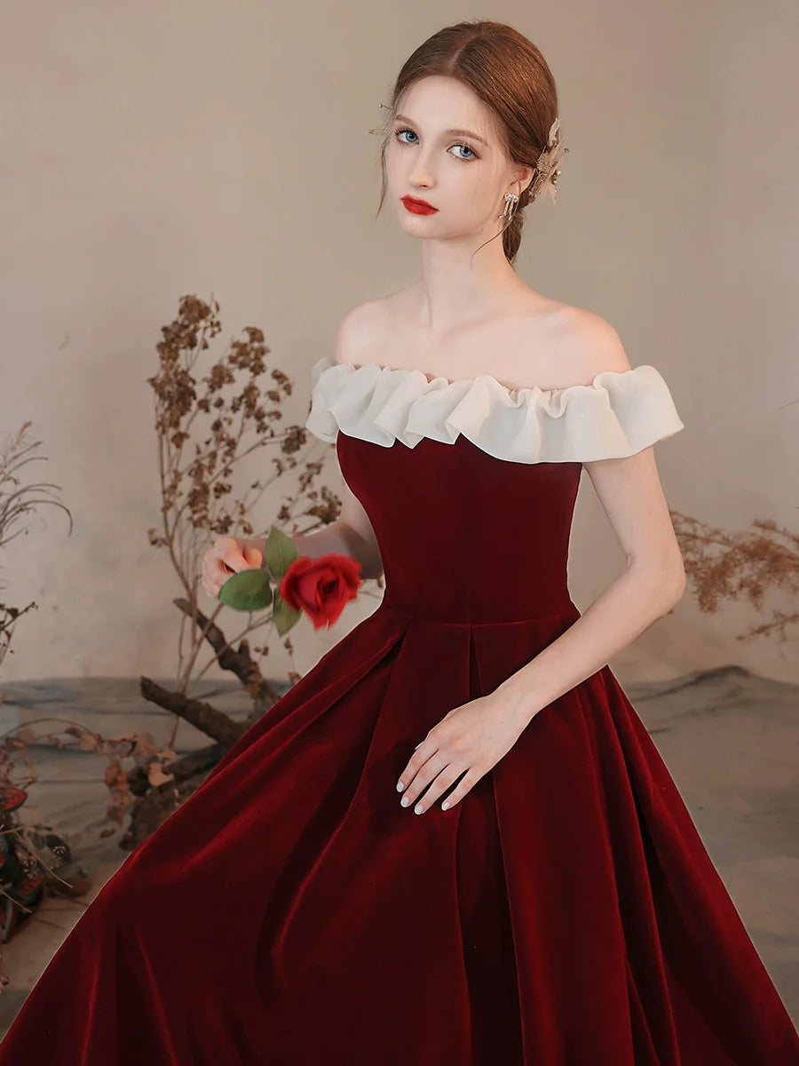 A-Line Off Shoulder Velvet Burgundy Long Prom Dress Burgundy Formal Dress