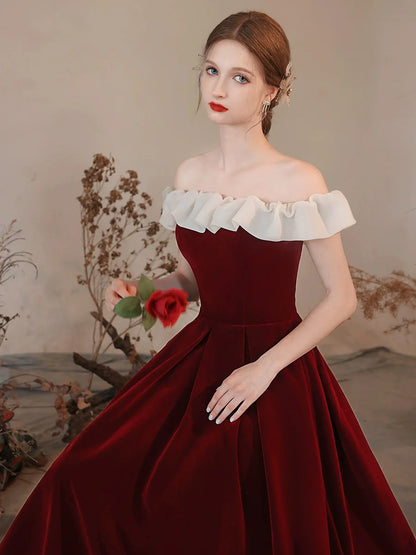 A-Line Off Shoulder Velvet Burgundy Long Prom Dress Burgundy Formal Dress