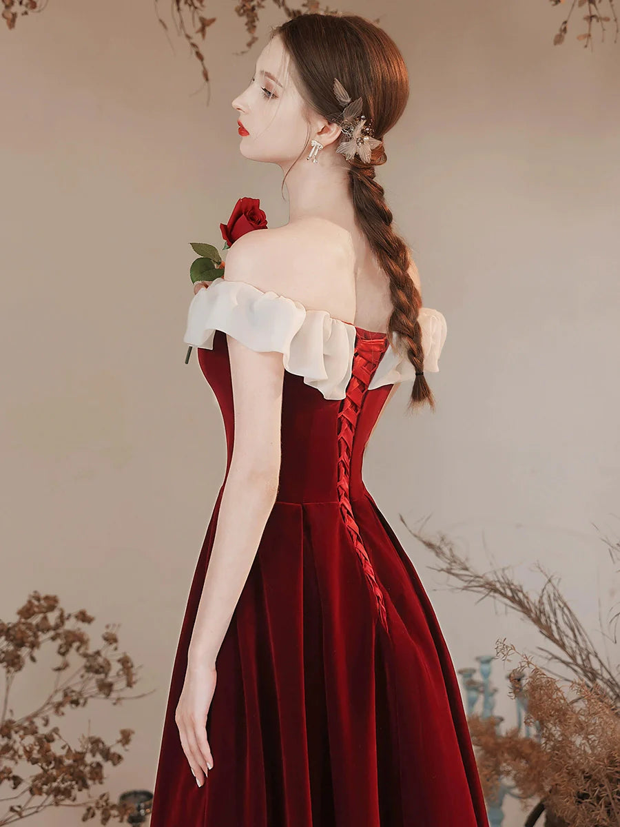 A-Line Off Shoulder Velvet Burgundy Long Prom Dress Burgundy Formal Dress