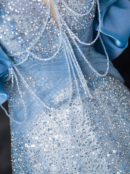 A-Line Off Shoulder Sequin Beads Blue Long Prom Dress
