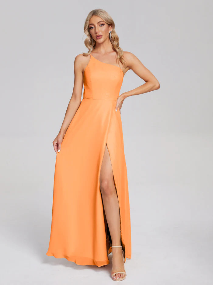 One Shoulder Side Slit Chiffon Floor-length Bridesmaid Dress