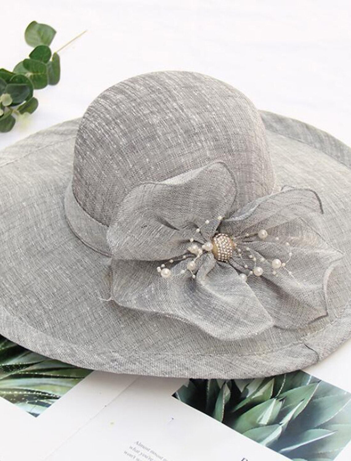 Headwear Tulle Imitation Pearl Bucket Hat Straw Hat Sun Hat Wedding Outdoor Melbourne Cup With Bowknot Imitation Pearl Headpiece Headwear