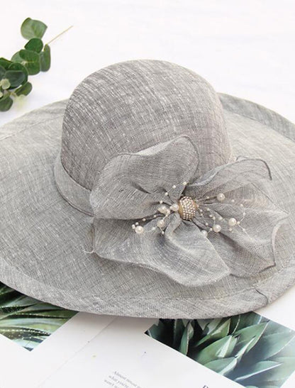 Headwear Tulle Imitation Pearl Bucket Hat Straw Hat Sun Hat Wedding Outdoor Melbourne Cup With Bowknot Imitation Pearl Headpiece Headwear