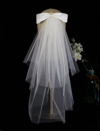 Cute Wedding Veil Elbow Veils with Faux Pearl / Satin Bow Tulle