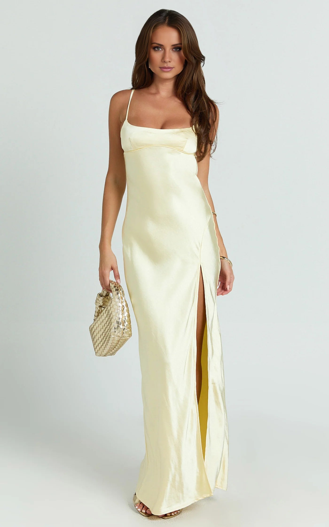 square neckline off shoulder sleeveless thin shoulder strap with backless side slit and floor length Prom dress