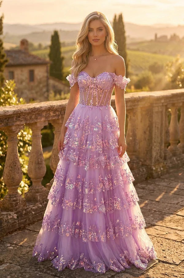 Enchanting Off Shoulder Lavender Sequin Tiered Tulle Gown with Corset Bodice and Ruffle Sleeves Prom Dress