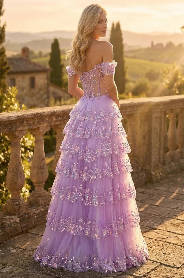 Enchanting Off Shoulder Lavender Sequin Tiered Tulle Gown with Corset Bodice and Ruffle Sleeves Prom Dress