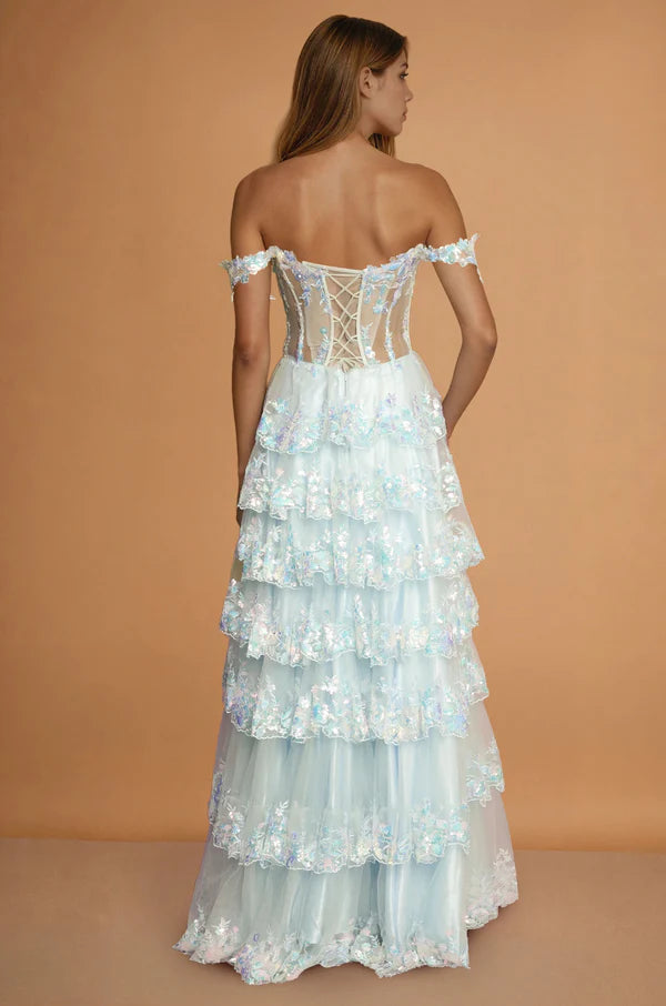 Enchanting Off Shoulder Lavender Sequin Tiered Tulle Gown with Corset Bodice and Ruffle Sleeves Prom Dress