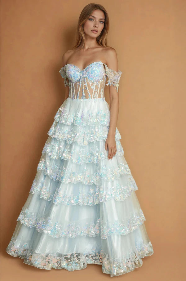 Enchanting Off Shoulder Lavender Sequin Tiered Tulle Gown with Corset Bodice and Ruffle Sleeves Prom Dress