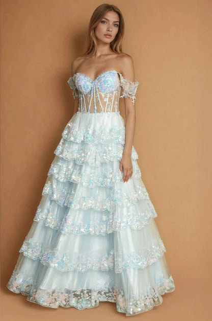 Enchanting Off Shoulder Lavender Sequin Tiered Tulle Gown with Corset Bodice and Ruffle Sleeves Prom Dress