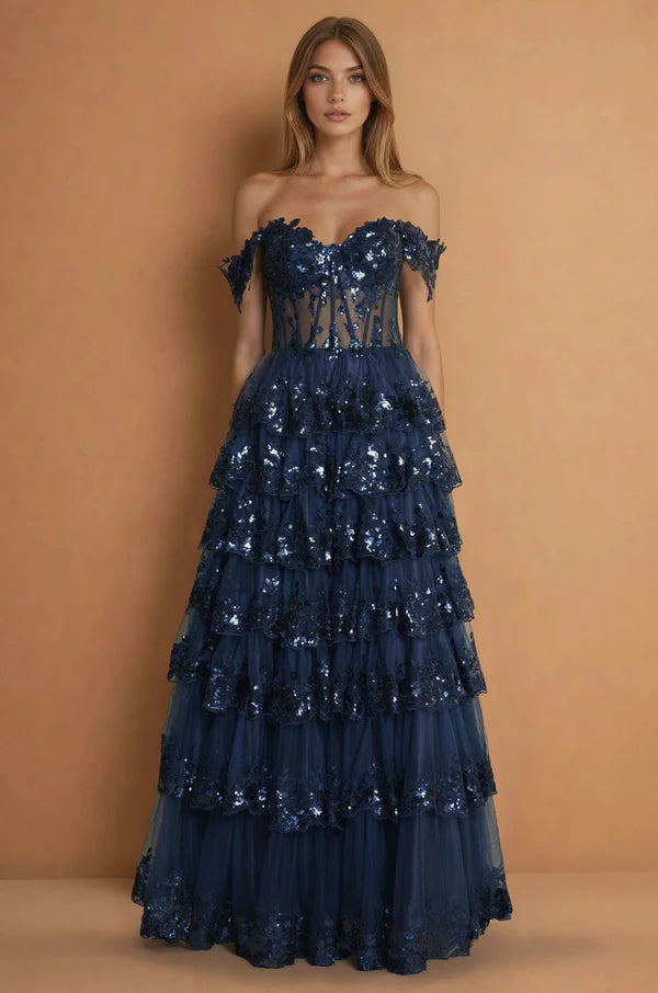Enchanting Off Shoulder Lavender Sequin Tiered Tulle Gown with Corset Bodice and Ruffle Sleeves Prom Dress