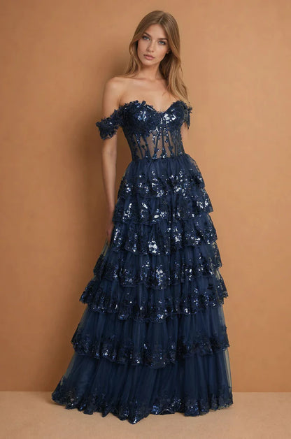 Enchanting Off Shoulder Lavender Sequin Tiered Tulle Gown with Corset Bodice and Ruffle Sleeves Prom Dress