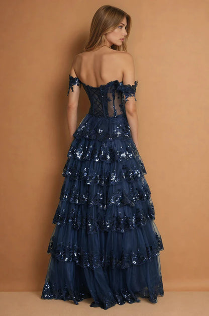 Enchanting Off Shoulder Lavender Sequin Tiered Tulle Gown with Corset Bodice and Ruffle Sleeves Prom Dress