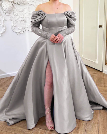 Silver Off Shoulder Split Satin Dress With Sleeves A-Line Sequins Prom Dresses