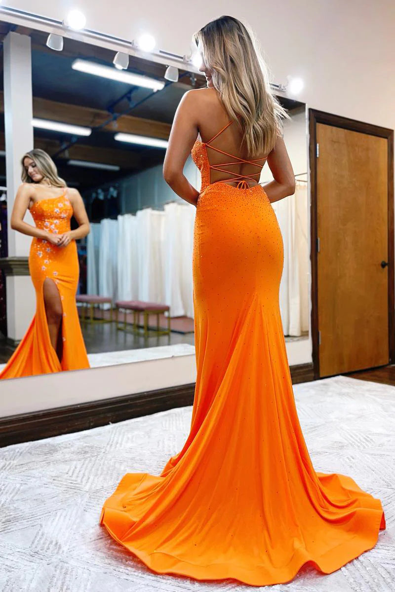 Orange One Shoulder Sequins Long Mermaid Prom Dress
