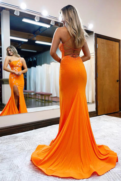 Orange One Shoulder Sequins Long Mermaid Prom Dress