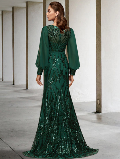 Mermaid / Trumpet Mother of the Bride Dress Wedding Guest Elegant Jewel Neck Sweep / Brush Train Long Sleeve with Appliques