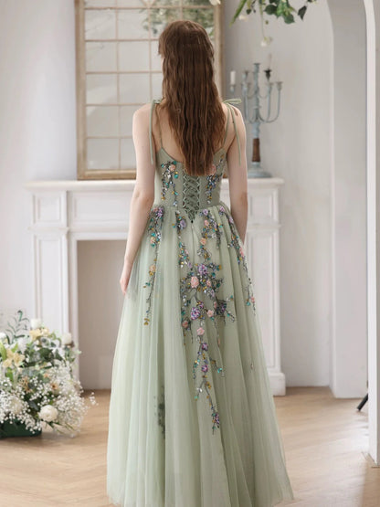 A-Line Princess Tulle Beads Green Long Prom Dress Formal Dress