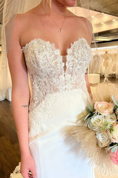 White Lace Strapless Mermaid Long Chapel Train Wedding Dress