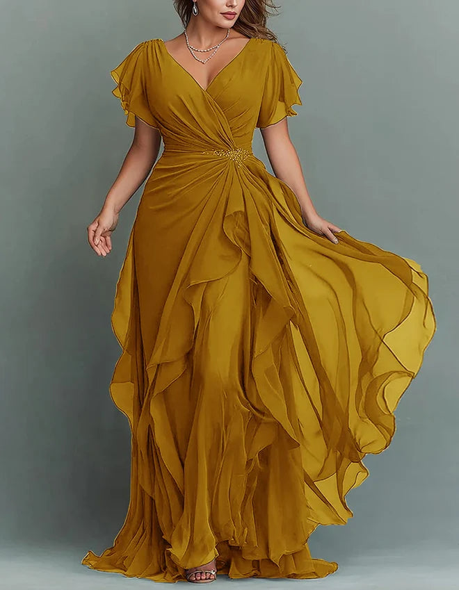 Romantic A-Line V-Neck Ruffled-Sleeve Beaded-Waist Sweep-Train Floor-Length Mother of the Bride Dress