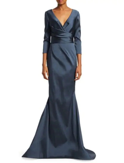 Mermaid Mother of the Bride Dress Plunging Neck Sweep / Brush Train Satin with Ruching