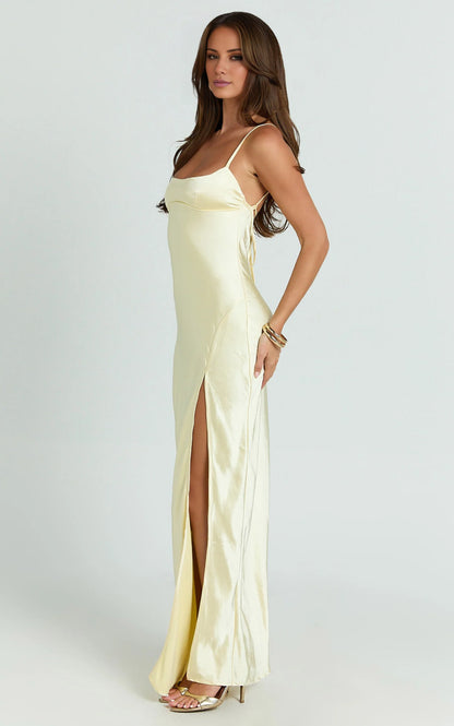 square neckline off shoulder sleeveless thin shoulder strap with backless side slit and floor length Prom dress