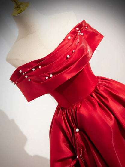 A-Line Off Shoulder Satin Red Long Prom Dress Evening Dress Ballgown