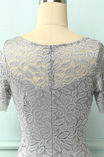 Grey Bodycon Lace Dress Round Neck Wedding Guest Dress