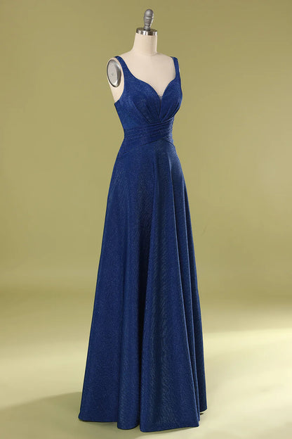 Sparkling Glitter Royal Blue V-Neck Long Prom Dress Wedding Guest Dress