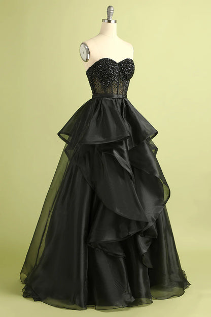 Black Strapless Ball Gown Sleeveless Sparkly Evening Dress