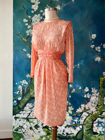 1980s Peach Floral Leopard Silk Jacquard Ruched High Waist Long Sleeve Mother of the Bride Bridesmaid Dress