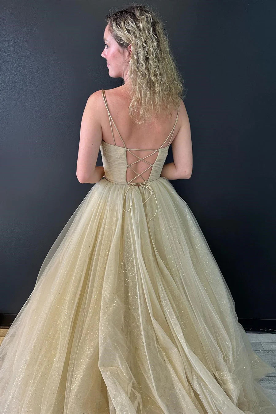 Champagne Surplice Lace-Up Long Formal Gown