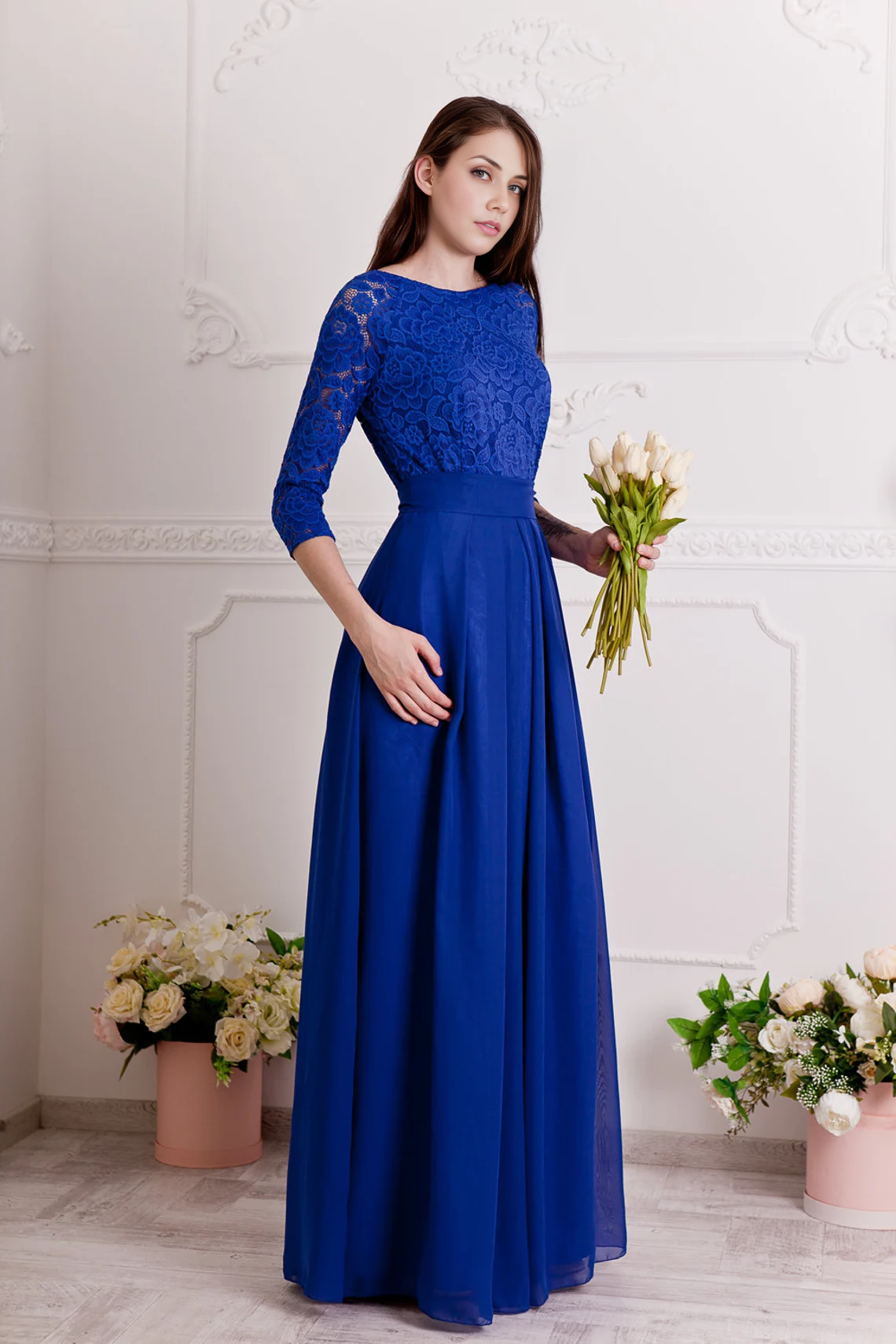 Bridesmaid Dress Long Floral Lace Formal Gown With Sleeves Evening Dress Plus Size Mother of the Bride Dresse