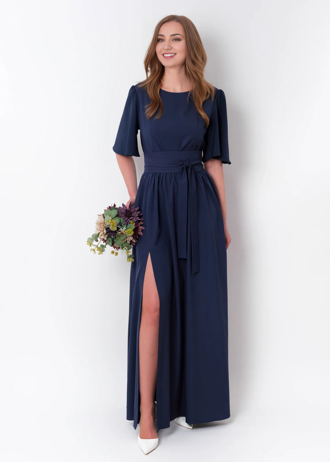 Navy Blue Long Slit Dress With Belt Bridesmaid Dress Cocktail Dress Wedding Guest Dress