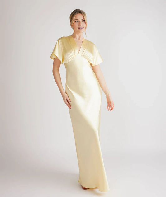 V collar bat sleeves satin and floor length Prom dress