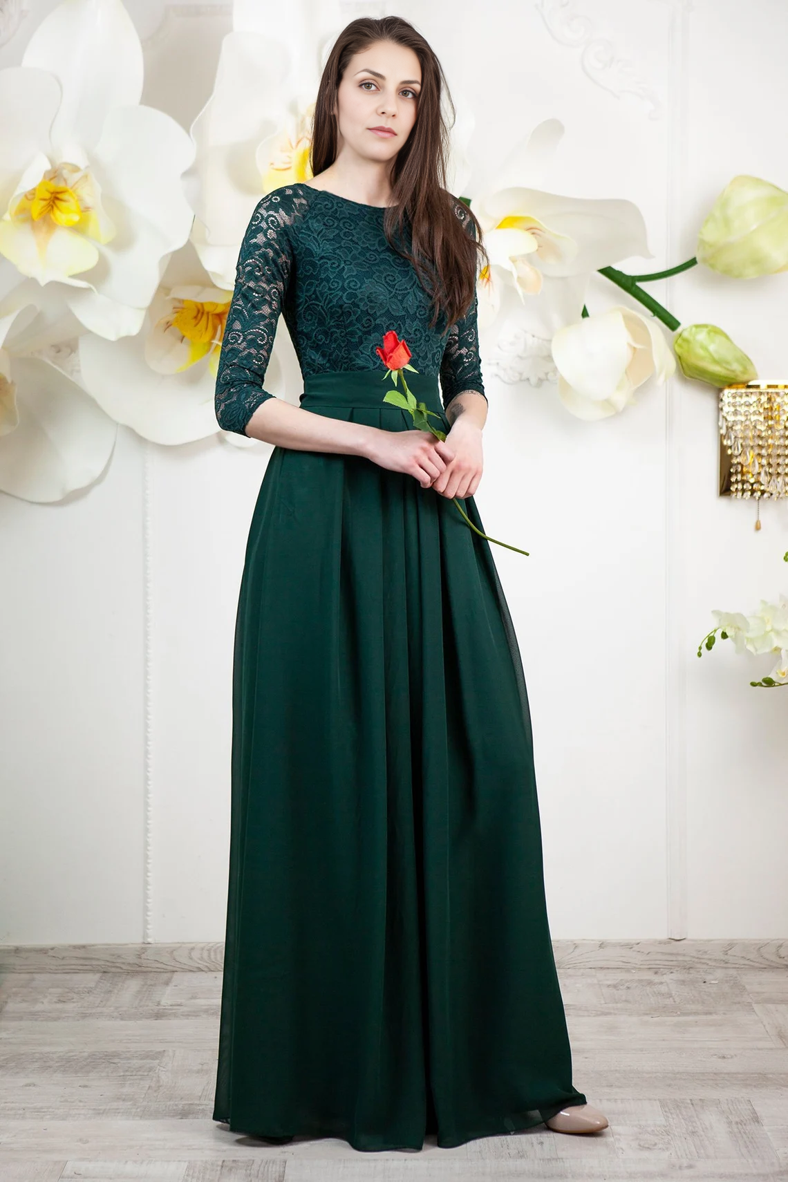 Green Bridesmaid Dress Long Lace Dress With 3/4 Sleeves Mother of the Bride Dresse