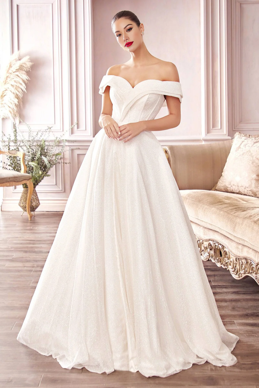 Glittering Off Shoulder Long Ball Gown Wedding Dress With Slit