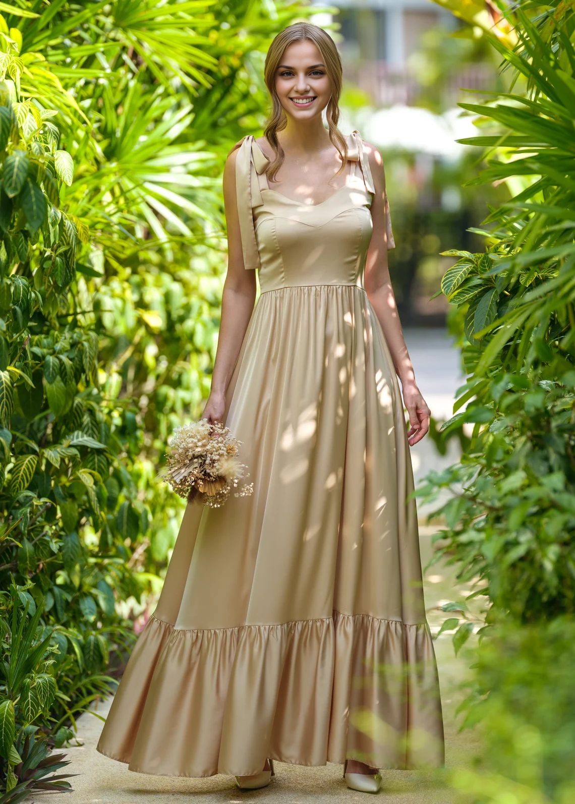 A-Line Champagne Gold Silk Bridesmaid Dress Wedding Guest Dress Evening Dress