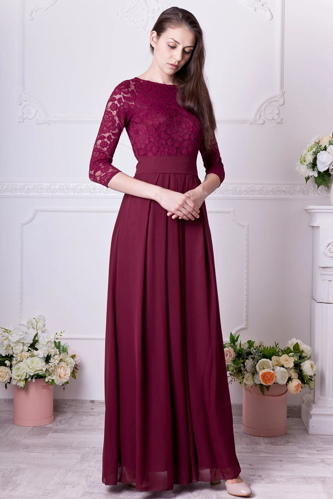 Burgundy Bridesmaid Dress Floral Lace Formal Gown With Sleeves Evening Dress Plus Size 3/4 Sleeves Mother of the Bride Dresse