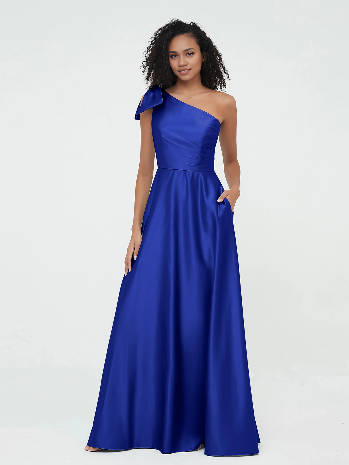 One-Shoulder A-Line Long Satin Dresses Bridesmaid Dress with Pockets-Royal Blue
