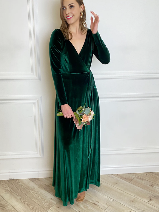 Velvet Bridesmaid Dress Mother of the Bride Long Sleeve V Neck Evening Dress