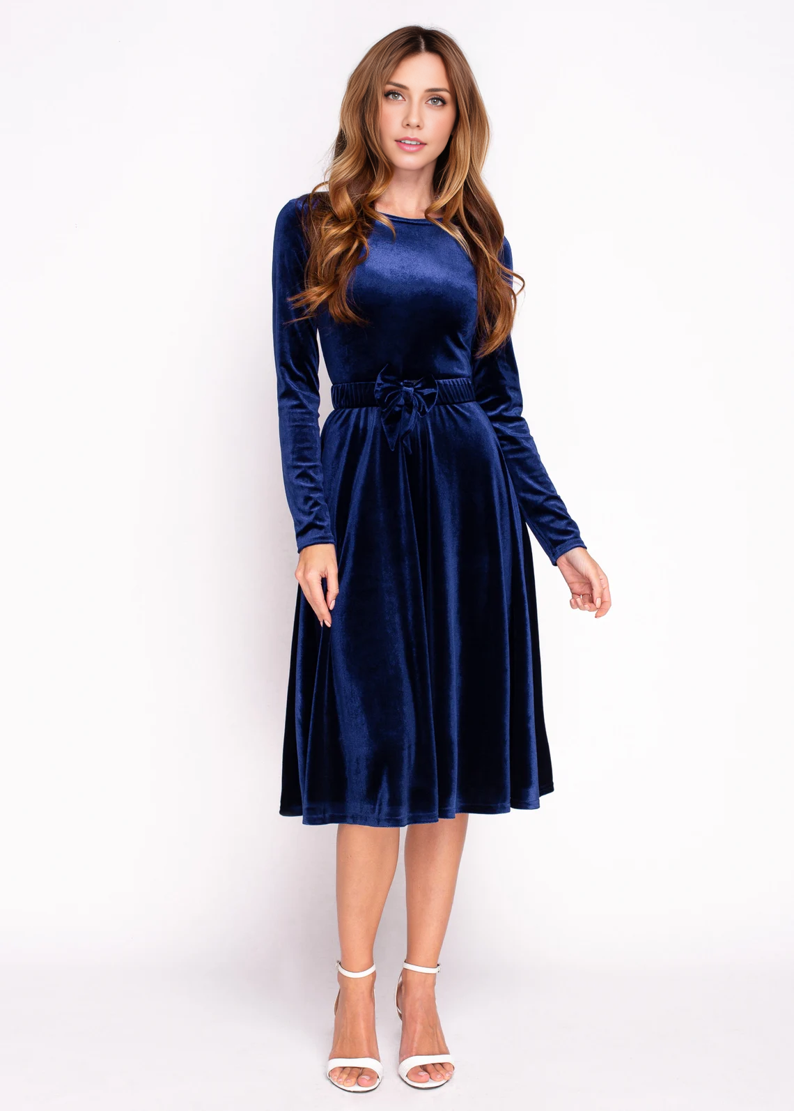 Navy Blue Velvet Dress With Belt Christmas Velvet Long Sleeves Bridesmaid Dress Wedding Guest Dress Party Dress