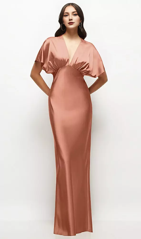 Plunge Neck Kimono Sleeve Satin Bias Maxi Dress Long Bridesmaid Dresse – Koutun Dress
