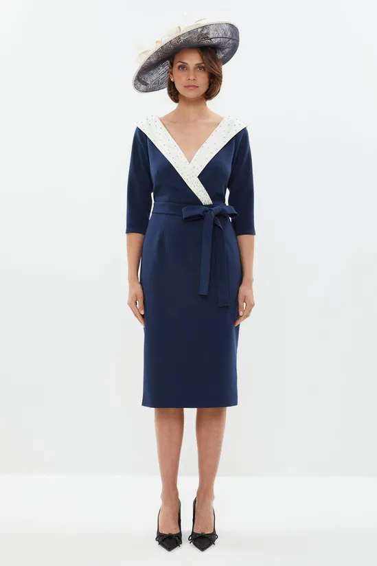 Premium Off Shoulder Embellished Pencil Dress Formal 3/4 Length Sleeve Wedding Guest Dresses