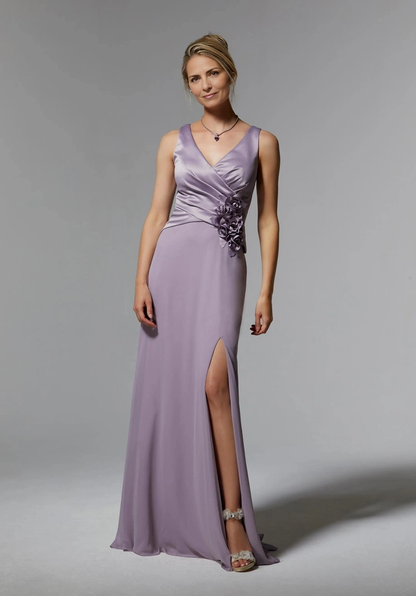 Sheath Long Wedding Guest Dress Satin Waist Draped Mother of the Bride Dresse With Slit