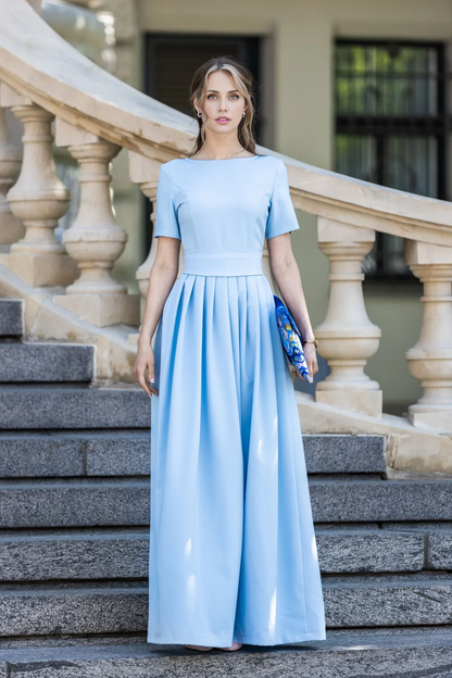 Blue Maxi Dress Formal Pleated Bridesmaid Dress Floor Length Gown Minimalist Mother Of The Bride Dress