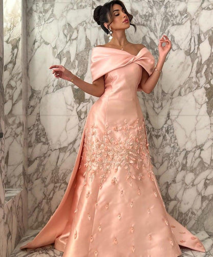 Blush Pink Floral Prom Dresses Off The Shoulder Applique Prom Dress 2025