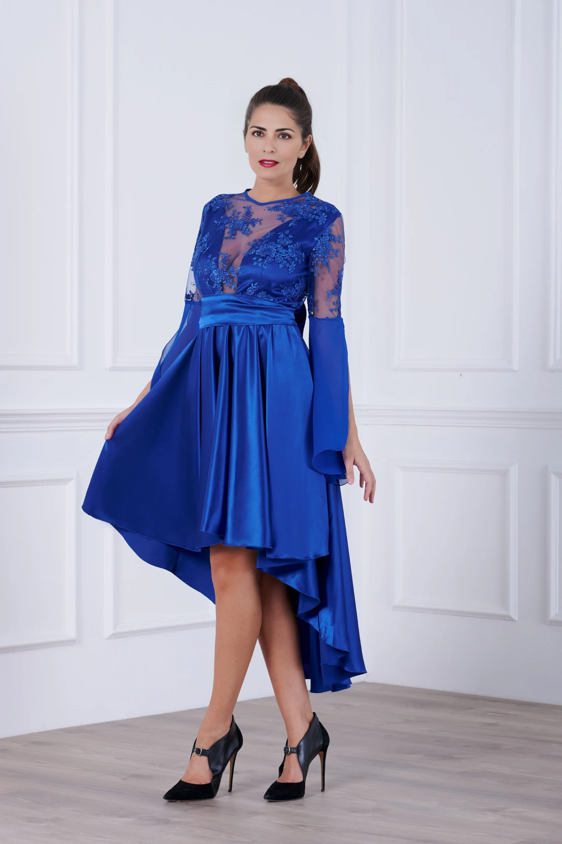 High Low Satin Mother Of The Bride Cocktail Blue Plus Size Evening Dress